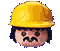 Two pixelated character heads side-by-side: left wears yellow hard hat with mustache, right wears white-and-black cap with brown emblem and beard.