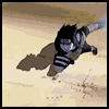 Animated sequence showing a character with spiky black hair and dark clothing performing actions in a sandy environment, ending with close-up of eyes.