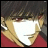 Pixelated anime-style character with dark hair and red clothing, next to stylized text on a black background.