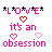 Pixel art icon with pink text and heart symbols on white background, featuring the phrase 'LOVE it's an obsession' surrounded by black stars and red/pink hearts.