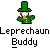 Pixelated leprechaun figure in green attire with orange accents, standing above text reading 'Leprechaun Buddy' on gray background.