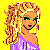 Pixelated character with blonde curly hair in purple top and blue pants, yellow background with blue text asking to lick.