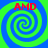 Four identical spiral patterns with blue and green colors, each containing red text "AMD" at the top.