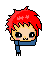 Pixel art character with red spiky hair and blue scarf, shown in multiple facial expressions across a