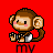 Pixel art contact sheet of a 4x3 grid showing animated frames of a cartoon monkey character with varying poses and text labels on red or black backgrounds.