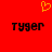 Red background with yellow pixelated heart above two black text 'Tyger' side-by-side, each letter rendered in blocky digital style.
