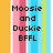 Pixelated text 'Moosie and Duckie BFFL' on vertical striped background with yellow, pink, white, blue, green hues.