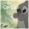 A cartoon character with large black eyes and gray fur covers its mouth with both hands, standing against a blurred green and yellow background with 'OMG!' text.