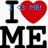 Pixelated graphic with red heart symbols replacing 'love' in 'I ❤️ ME!' text, blue text elements, and black block letters on white background.