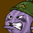 Pixelated purple character with green cap, wide eyes, and open mouth showing teeth against brown background.