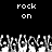 Black background with white pixelated text 'rock on' repeated twice above a of pixelated hands making rock-on gestures