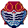 Pixelated heart-shaped icon with maroon top, blue and white wave patterns below, two orange circular rings at the top, and a small red dot on a vertical line.
