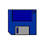 Six pixelated blue floppy disk icons arranged in two of three, each showing different angles and features against a gray background