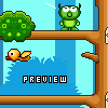 Pixel art scene with green bush, flying bird, and alien-like character on wooden platform above blue water background.