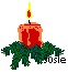 Pixelated candle with red wax, orange base, and yellow flame atop green foliage, with 'josie' text below on gray background.