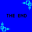 Blue background with repeated black text "THE END" and cyan pixelated square patterns in four corners.