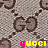 A static contact sheet of a Gucci logo pattern with repeated 'gucci' text in yellow and pink, displayed on a gray background.