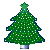 Two pixelated Christmas trees side-by-side with green star toppers, white and green dot decorations, and blue bases on gray background.