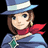 Pixelated character with brown hair and blue eyes wears a light blue hat, red scarf, and dark blue cloak against black background.