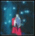 Pixelated character in red garment with blue hair against dark background, transitioning from side view to front view with visible motion blur.