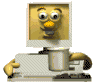 Animated character with yellow face and orange nose inside computer monitor, holding white mug in various positions across frames.