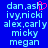 Blue background with light blue text listing names; a pink heart symbol appears above 'ash' in the left
