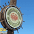 A pixelated circular icon with a central pinkish-red floral shape surrounded by layered green and white rings, attached to a brown textured stem against a solid blue background.