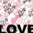 Pixelated image with pink and gray floral patterns above bold black text reading "LOVE" on a white background.