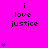 Bright pink background with repeated black text 'i love justice' and purple heart symbols in a pattern