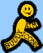Pixelated yellow figure with black outline, smiling face showing tongue, wearing patterned yellow and black clothing against light blue background.