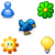 Blue pixelated figure with rounded head and body, green four-leaf clover with yellow center, blue bird with yellow beak and feet, yellow sun with blue eyes and white smile, yellow light bulb with gray base.