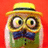 Pixelated cartoon character with large round eyes, yellow hat, blue bow tie, and green vest against red background.