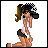 Pixel art character in a kneeling pose with camera, wearing black and white outfit and checkered headband, next to text "little miss thang" on black background.