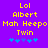 Purple background with yellow pixelated text reading Lol Albert Moh Heepo Twin and blue pixelated symbols below.