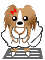 Pixelated dog with brown and white fur, red bow on head, wearing multiple gold necklaces and a white dress-like garment.