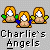 Three pixelated figures with orange hair and green or blue shoulder accents stand side-by-side above text reading "Charlie's Angels" on a gray background.