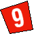 Red triangular shape with black outline containing white stylized number nine on white background.