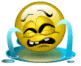 Animated yellow emoji face with closed eyes, furrowed brows, and teeth showing, surrounded by blue water splashes on a white background.