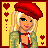 Pixel art of nine showing a blonde woman in red beret and green jacket with red accents, transitioning from full-body to close-up views against yellow heart-patterned background