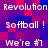Pixelated text repeats 'Revolution', 'softball!', and 'We're #1' across a of purple, blue, and red squares