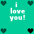 Pixelated teal background with white text 'i love you!' and heart symbols in dark green or black.