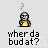Pixelated character in yellow shirt with smoke above head, repeated text 'wher da bud at?', and close-up eyes on gray background.