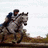 Two riders on horses in mid-gallop, wearing dark blue jackets and gray caps against a bright sky background.