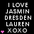 Black background with white pixelated text reading "I LOVE JASMIN DRESDEN LAUREN XOXO" and pink heart symbols in a pattern