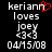 Pixelated text displays 'keriann loves joey <3<3 04M5/08' with a red heart symbol replacing the letter 'a' in 'keriann', visible on black background.