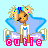 Pixel art of a character with brown hair and blue bow, standing before a light blue background with pink text reading 'cutie' below.
