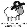 Pixelated black-and-white icon of a sheep with a skull-headed figure on its back, below text reading "FRANK WAS NOT LIKE OTHER SHEEP.".