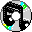 A circular animated icon with a black and white abstract pattern, featuring green and blue accents on a gray background.