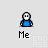 Pixelated blue character with white face and black outline in multiple poses including standing, sitting, holding a globe, and interacting with speech bubbles.