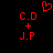 Red pixelated text 'C.D + J.P' on black background with red heart symbol above, two identical static frames side-by-side.